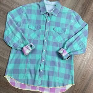 Arnold Zimberg Shirt Mens Large Teal Purple Madras Plaid Long Sleeve‎ Button Up